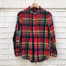 Polo Ralph Lauren cotton plaid ruffle band collar pullover shirt pleated front (for women)